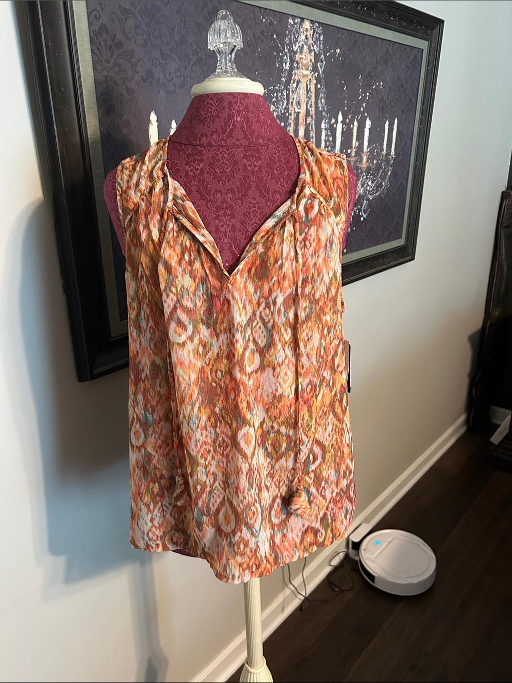 Sleeveless Orange Ikat Print V-Neck Top